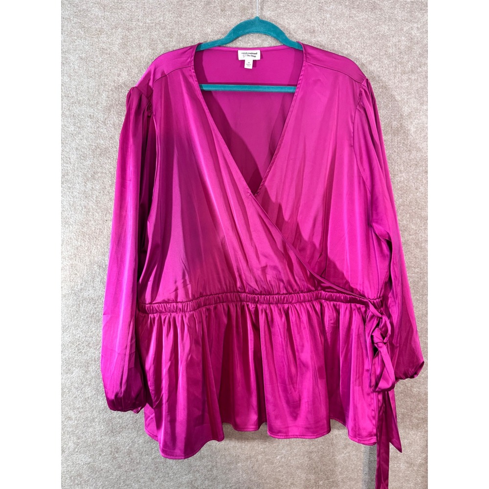 Caralyn Mirand The Drop Faux Wrap Peplum Top Womens 4X Pink Satin Long Sleeve